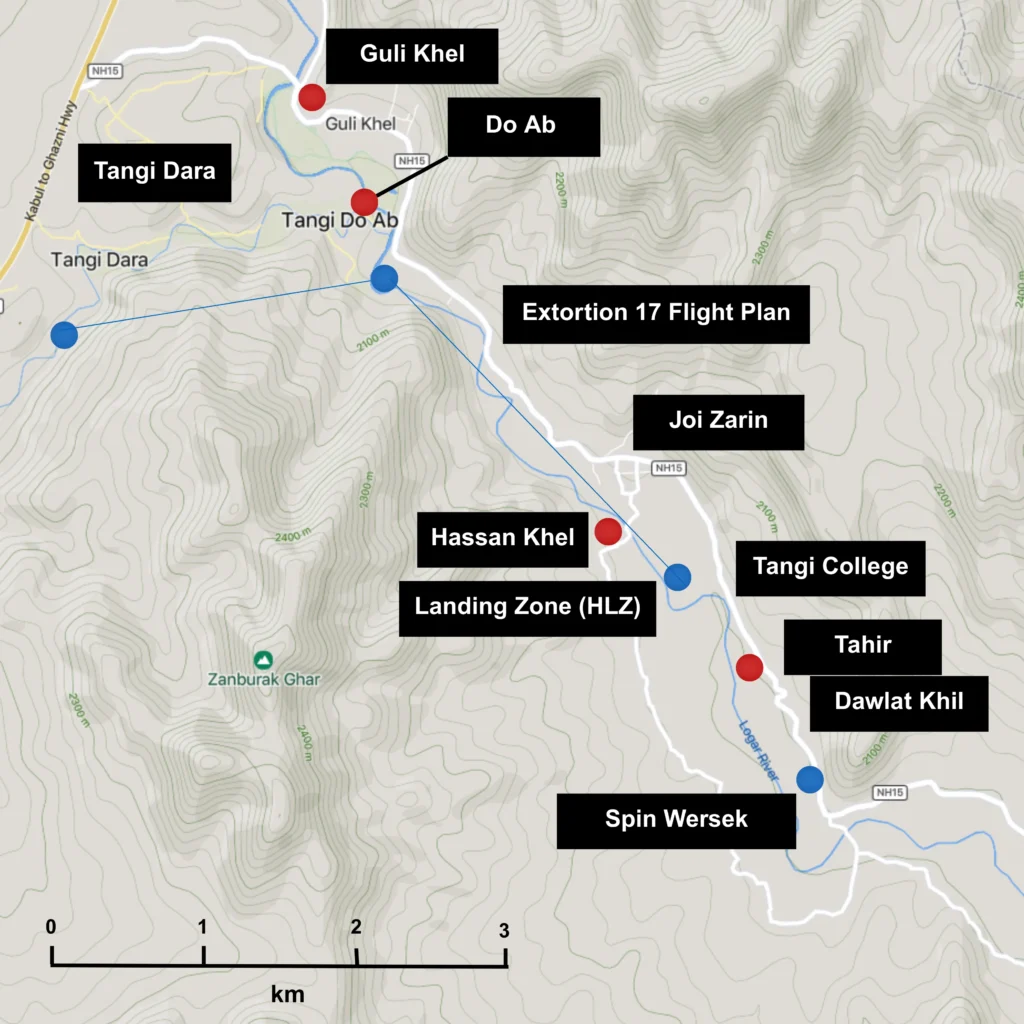 Flight plan showing two nav points (navigation) points and the helicopter landing zone (HLZ). Nav Point 1 is to the west of a ridge going from south west to south north east. This ridge is south of the Tangi Dara river valley that goes up to the Tangi Do Ab confluence with the Logar River. Nav Point 2 is south of the confluence labellled Tangi Do Ab. Nav 1 to Nav 2 is 2.1km. The flight plan from Nav 2 then goes South East to the Helicopter Landing Zone, HLZ. Nav 2 to the HLZ is 2.9km. The line of the flight plan passes just above a red dot near a bridge over the Logar River. This is the Zamoch Village Rd Bridge and the red dot is Ayoubi, the shooter. Ayoubi is 580m north west of the HLZ, in a place labelled Hassan Khel. A label for Tangi College is 300m west of the HLZ. The target, Tahir is shown in the village of Dawlat Khil 820m south southeast of the HLZ. 1.8km south southeast of the HLZ is labelled Spin Wersek, a blue dot there shows the limit of the Ranger advance. The Logar river flows south east past Do Ab in the north west, then down between Hassan Khel south of the river and Joi Zarin to the north of the river , past Tahir in Dawlat Khil, then past Spin Wersek. The river valey also goes from Do Ab up to Guli Khel, 800m north west of Do Ab. Do Ab and Guli Khel are shown as having Taliban positions, red dots: these are observers covering the nearby bridges whoo are communicating with Ayoubi at Hassan Khel. Ayoubi would shoot down Extortion 17.