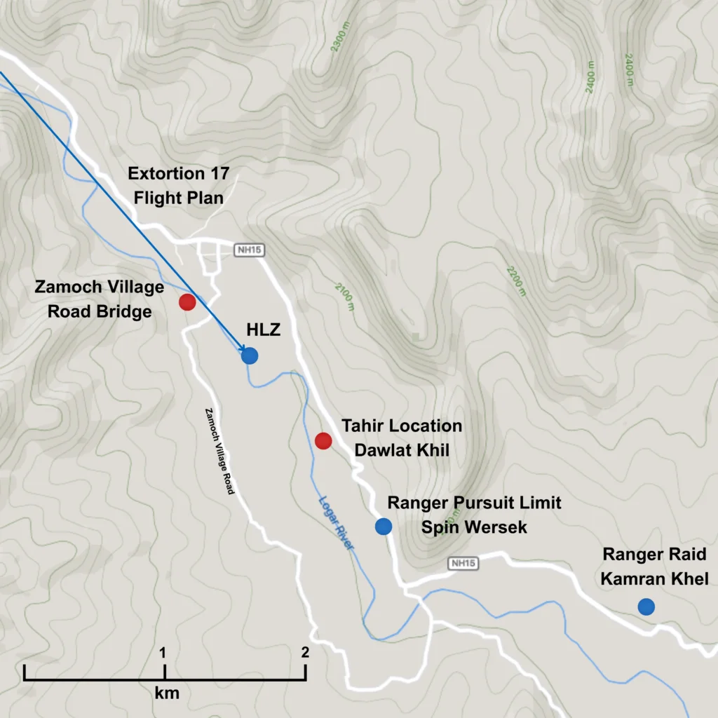 Map centred on location of the target Tahir in the village of Dawlit Khil. 2.5km (direct line) to the East South East is Kamran Khel, the site of the Ranger Raid. 1km South South East is the edge of the resulting Ranger pursuit in the village of Spin Wersek. 800m to the northwest is the proposed Helicopter Landing Zone or HLZ. The flight plan for Extortion 17 is shown coming into the HLZ from the northwest at about 45 degrees. The Zamoch Village Road Bridge is shown 1.3km to the northwest. A red dot symbol showing Taliban presence is 150m west of the bridge.