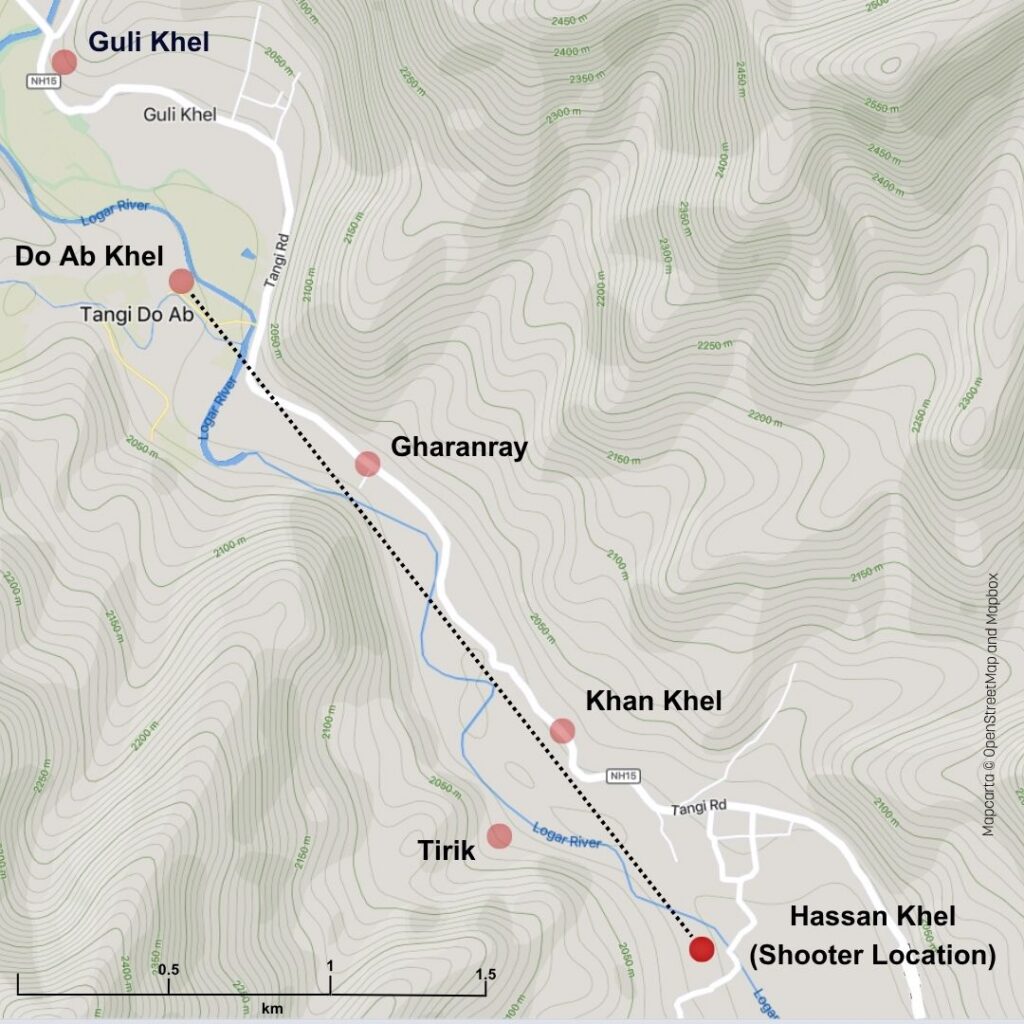 Map centred on the halfway point between the Zamoch Village Road Bridge to the south east and the the Do Ab Bridge to the north west. Red dots showing Taliban positions by the Zamoch Village Road Bridge (Ayoubi's position) and Tangi Do Ab (likely Taliban observer position) are joined by a dotted line. This line shows that the location of the observer and Ayoubi have line of site despite the ridgelines to the south west and northeast of this line. Distance between Ayoubi and the potential Do Ab observer is 2.8 km. Another likely observer point is shown by the bridge at Ghuli Khel, 800m north of the Do Ab observer. Near Do Ab a river is shown coming in from the west to join the Logar River which flows from north west to sout east, between the bridges at Do Ab and the Zamoch Village Road. Also shows Gharanray, about 1 km southeast of Do Ab, Khan Khel about 2km south of Gharanray, and Tirik half a KM south east of Khan Khel on the other side of the river.