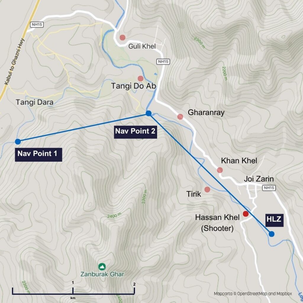 Flight plan showing two nav points (navigation) points and the helicopter landing zone (HLZ). Nav Point 1 is to the west of a ridge going from south west to south north east. This ridge is south of the Tangi Dara river valley that goes up to the Tangi Do Ab confluence with the Logar River. Nav Point 2 is south of the confluence labellled Tangi Do Ab. Nav 1 to Nav 2 is 2.1km. The flight plan from Nav 2 then goes South East to the Helicopter Landing Zone, HLZ. Nav 2 to the HLZ is 2.9km. The line of the flight plan passes just above a red dot near a bridge over the Logar River. This is the Zamoch Village Rd Bridge and the red dot is Ayoubi, the shooter. Ayoubi is 580m north west of the HLZ.